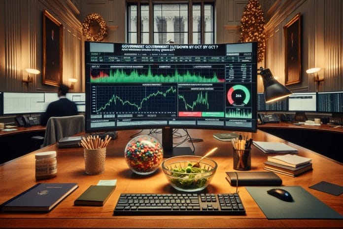 A hedge fund analyst's desk with a large curved monitor showing a prediction-market interface, a half-eaten salad bowl, and a dish of trail mix under fluorescent office light.