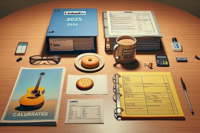 Meridian National HHM 2025 — Legal Review Materials Overhead view of printed LinkedIn carousel slides showing a stock-photo guitar, a thick legal review binder, a cold coffee, and a half-eaten biscuit on a corporate conference table.