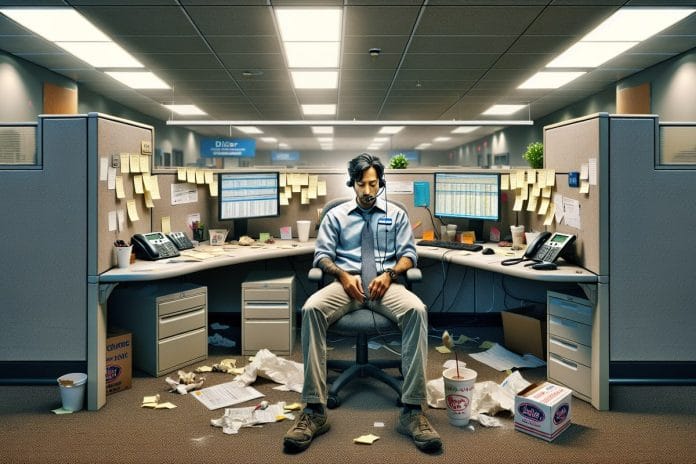 A loan officer wearing a headset slumped at a cubicle in a fluorescent-lit suburban bank branch, monitors showing a long call queue.