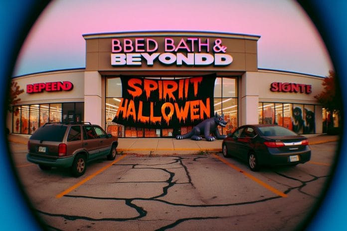 Spirit Halloween over former Bed Bath & Beyond storefront A Spirit Halloween banner taped over a faded Bed Bath & Beyond sign on a beige suburban strip mall at dusk, with an inflatable werewolf visible through the front window.