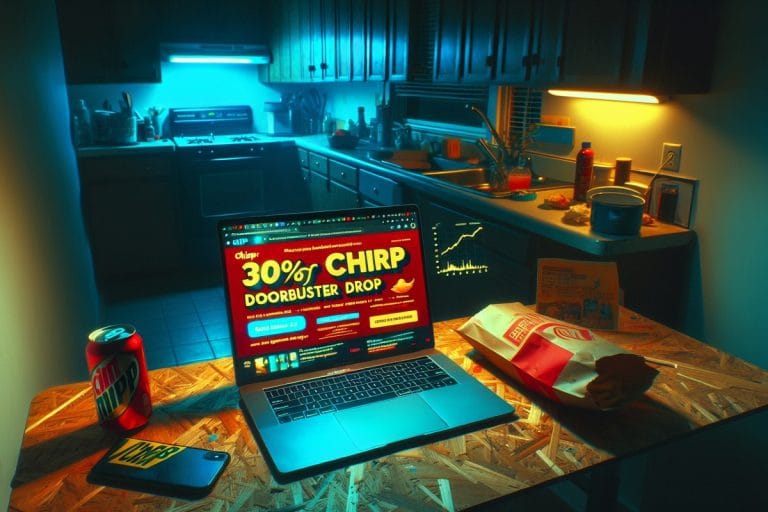 A laptop on a cluttered desk displays a garish Black Friday crypto promotion banner advertising 30 percent off CHIRP, beside a Five Guys bag and an energy drink.