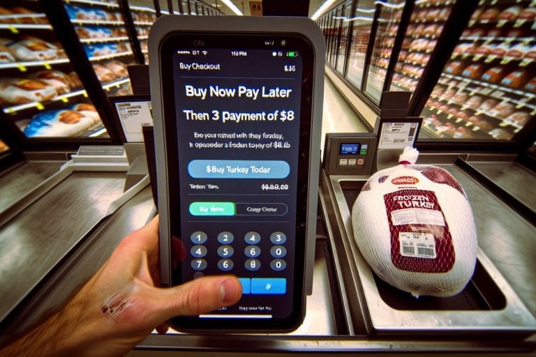 A grocery store self-checkout screen displaying a four-installment payment plan for a frozen turkey, with the turkey visible in a bag on the bagging area.