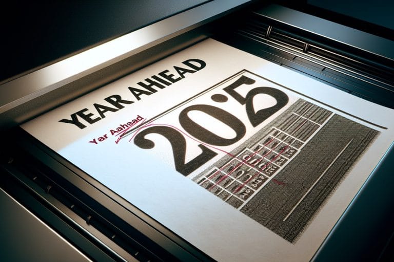 Close-up of a printed Wall Street year-ahead research report with the year handwritten over in red ink.