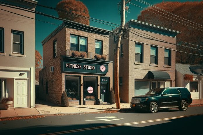 Halberd Capital Greenwich Headquarters Exterior A two-story brick commercial building in Greenwich, Connecticut, with a Pure Barre studio on the ground floor and an unmarked office entrance beside it.