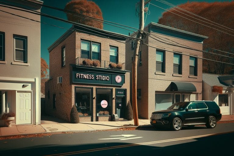 A two-story brick commercial building in Greenwich, Connecticut, with a Pure Barre studio on the ground floor and an unmarked office entrance beside it.