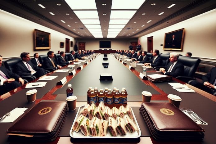 FOMC Two-Day Meeting Catering A catering tray of plastic-wrapped sandwiches and granola bars in the foreground of a fluorescent-lit federal conference room, suited figures seated around a long table behind it.