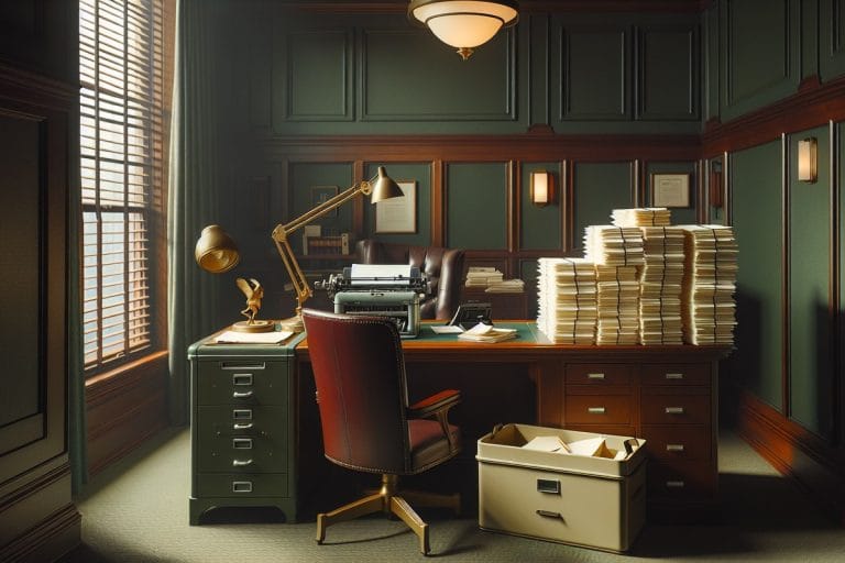 An empty wood-paneled university treasurer's office with a standing desk, a printer mid-job, and a tray of stapled memos in cold afternoon light.