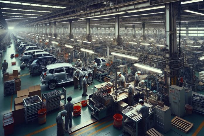 Workers on the assembly line of a Japanese automotive plant, with car frames moving along an overhead conveyor.