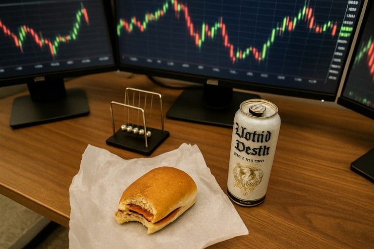 Overhead shot of a cluttered Wall Street trading desk on the morning of January 2, with a half-eaten sandwich, a soda can, a Newton's cradle, and three monitors showing blurred candlestick charts.