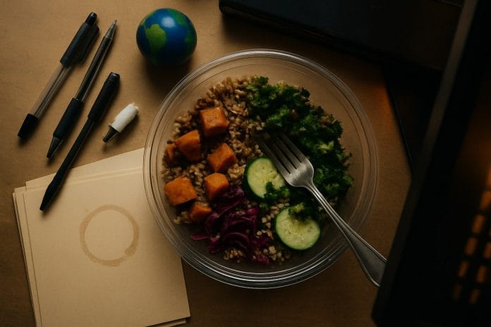A half-eaten grain bowl on a cluttered trading desk beside the edge of a darkened terminal monitor.