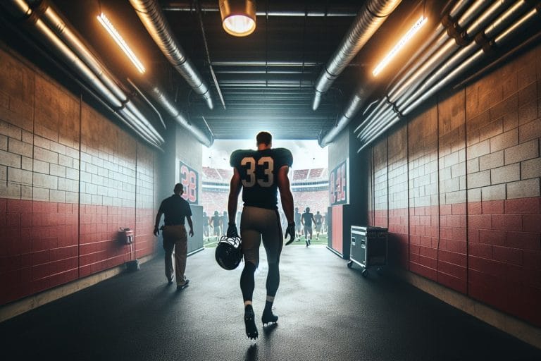 An NFL player in streetwear walks through a stadium tunnel as photographers track him