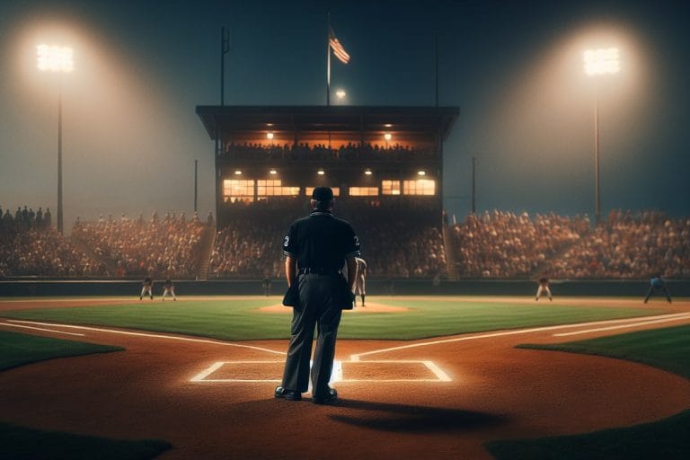 A home plate umpire crouched behind the catcher under stadium lights during a night baseball game.