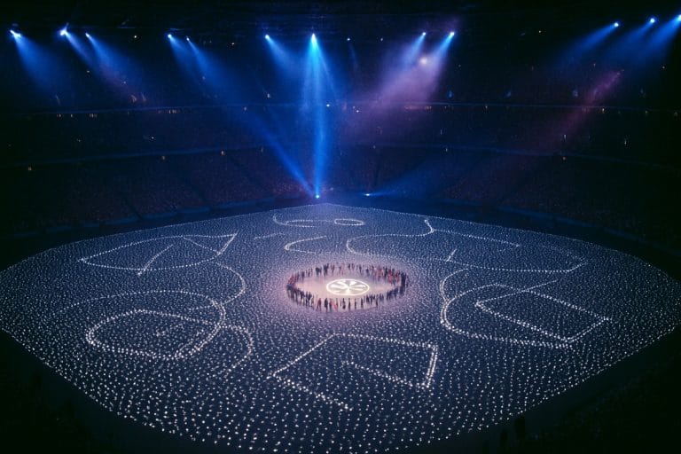 Overhead view of a packed Olympic arena dominated by a vast swirling drone formation, with a small ring of athletes walking far below at center.