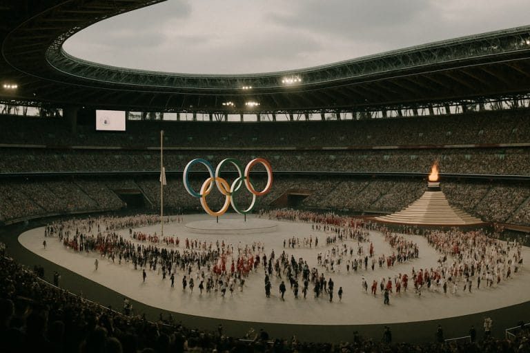 A packed stadium during an Olympic opening ceremony, athletes marching on the field carrying flags as crowd lights fill the stands.