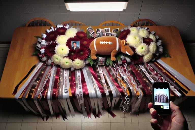 An enormous homecoming mum covered in ribbons, cowbells, and a stuffed armadillo, laid out on a small-town kitchen table.