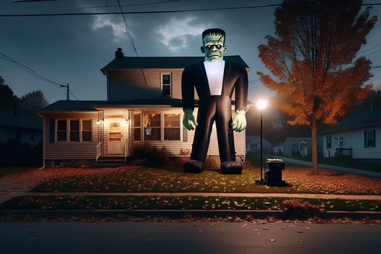 An eighteen-foot inflatable Frankenstein towering over a small suburban front yard at dusk, lit from below.