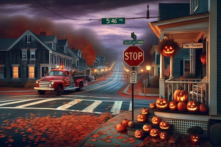 A small-town New England main street at dusk on Halloween night, with lit jack-o-lanterns on porches and a fire department pickup idling at a stop sign.