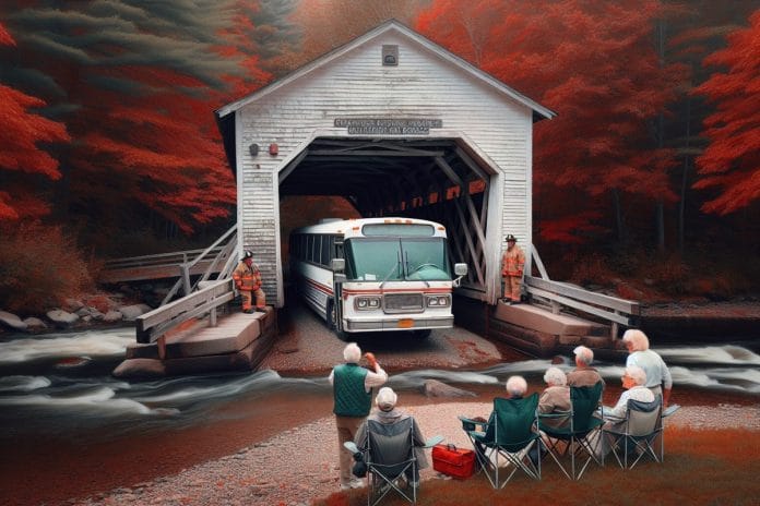A charter bus wedged in the entrance of a New England covered bridge surrounded by peak fall foliage as elderly passengers eat bag lunches on the riverbank.