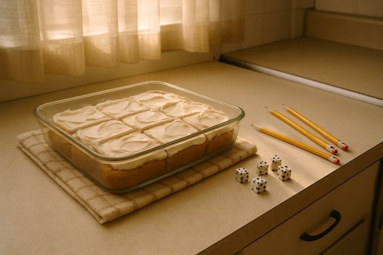 A pan of frosted dessert bars cooling on a Formica kitchen counter with dice and pencils set off to the side in late-afternoon winter light