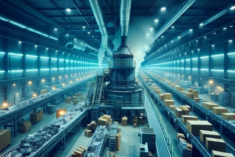 Conveyor belts of returned packages feeding into an industrial incinerator inside a fluorescent-lit warehouse, with ductwork rising into server racks above