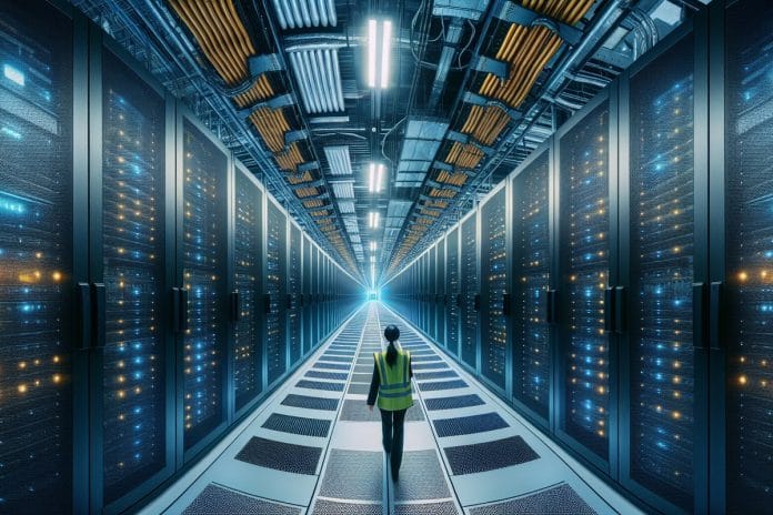 A long fluorescent-lit data center corridor lined with black server racks, a single technician walking down the aisle.