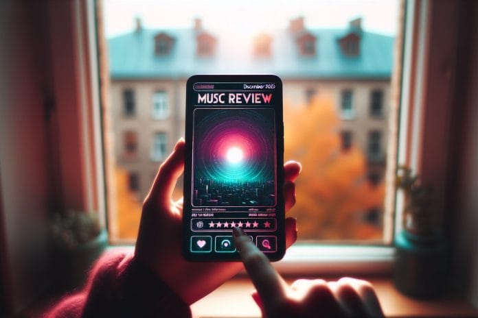 Wrapped, Forecast Edition A hand holds a phone displaying a magenta-and-teal music year-in-review card dated December 2025, photographed casually near a window.