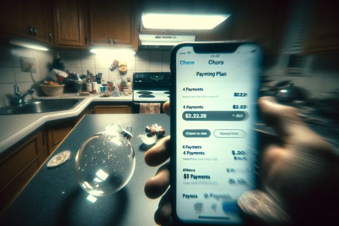 A small glass Christmas ornament next to a phone screen displaying a four-installment Klarna payment plan on a cluttered countertop