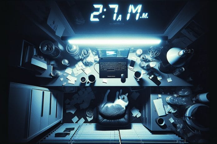 GPT-5.1 Memory Launch — Late Night Session High-angle surveillance-style view of a cluttered home office at night with a glowing laptop, post-it notes, and a sleeping cat on the desk