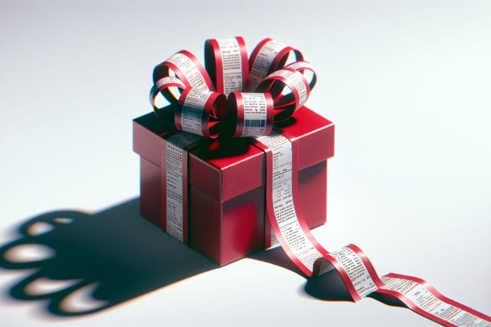 A glossy red gift box wrapped in ribbon printed with receipt text and chat transcripts, photographed on a stark white background.