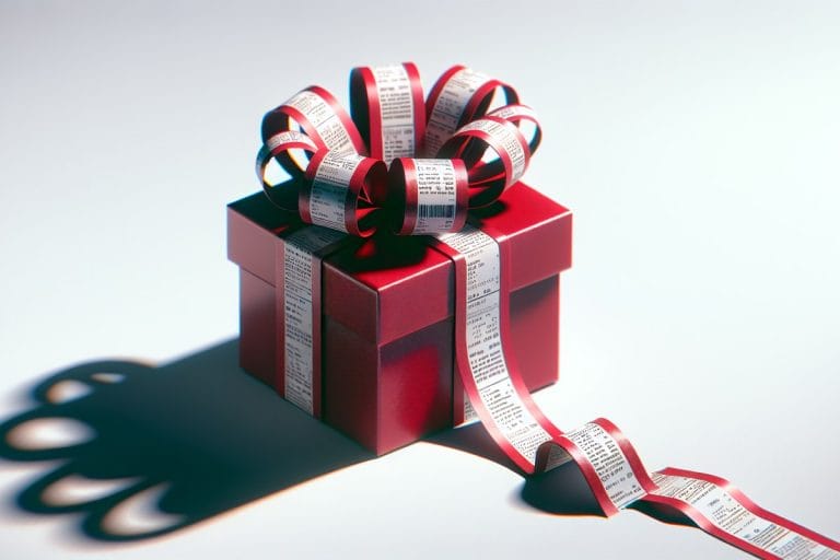 A glossy red gift box wrapped in ribbon printed with receipt text and chat transcripts, photographed on a stark white background.