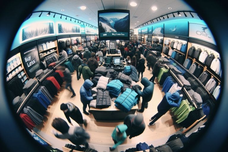 High-angle security-camera view of a packed outdoor apparel store on Black Friday, a large 'BUY LESS' sign hanging above the registers as shoppers pull fleeces from the racks.