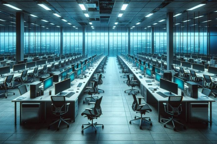 Empty open-plan tech office with rows of glowing monitors at unoccupied desks under cold overcast light.