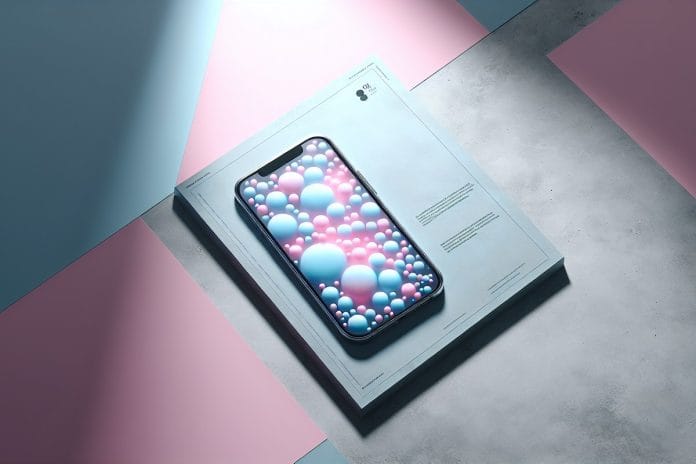An iPhone on a concrete surface, screen glowing with abstract message-bubble shapes under hard overhead light.