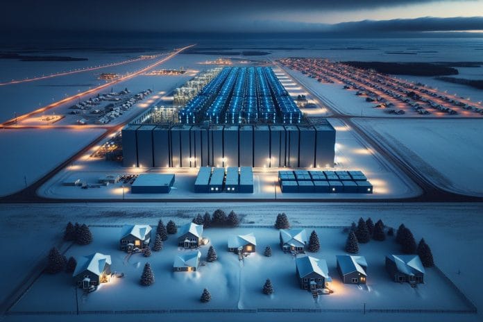 Hyperscale Data Center During Iowa Winter Storm Outage Aerial dusk view of a brightly lit hyperscale data center complex on a snowy Iowa plain, with a darkened residential subdivision in the foreground.