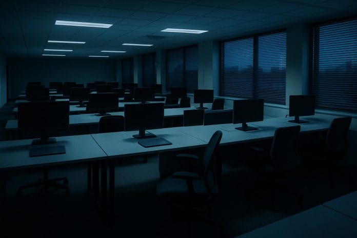An empty open-plan tech office at dusk, rows of unplugged monitors lit by cold fluorescent light