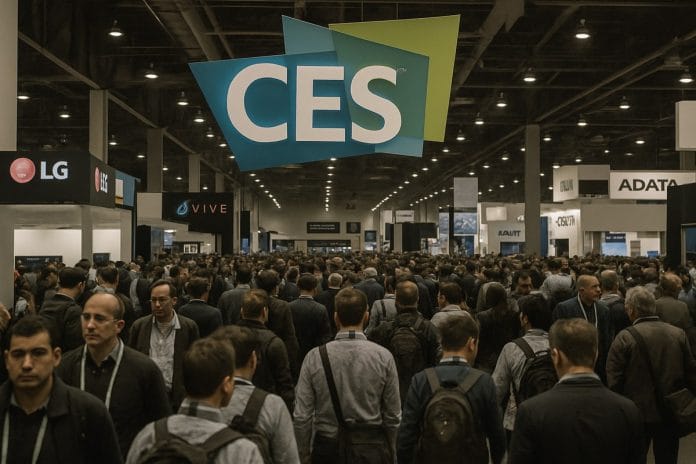 CES 2026 Show Floor Opening Day Crowded convention show floor with attendees moving between brightly lit product booths and overhead signage.