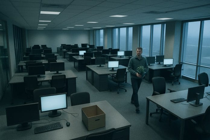High-angle view of a mostly empty open-plan tech office with cold fluorescent lighting, one employee walking down the aisle carrying a houseplant past vacated desks.