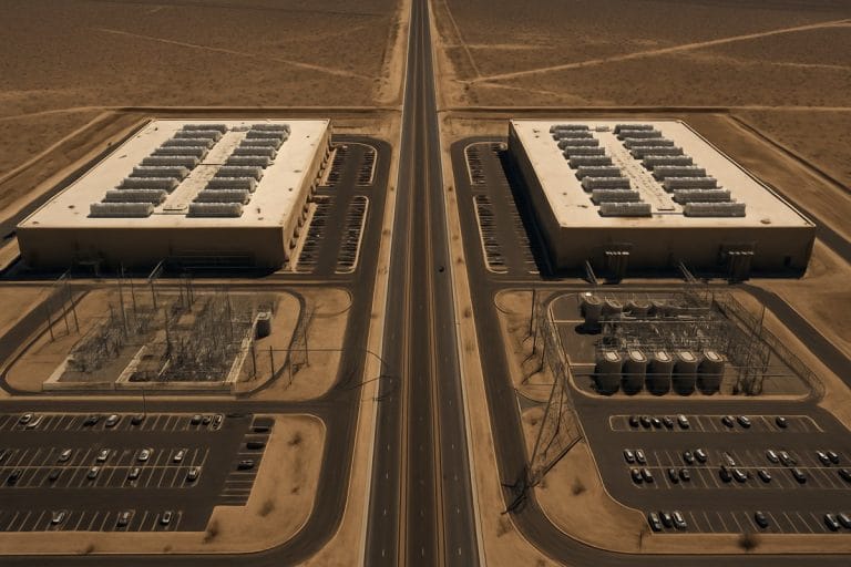 Two large desert data center complexes connected by transmission lines under harsh midday sun, seen from above.