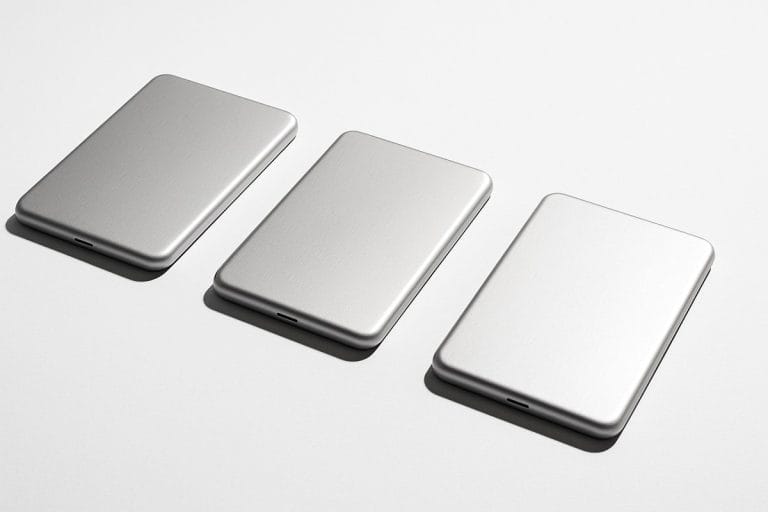 Three nearly identical silver tablets arranged in a row on a white background under hard studio lighting.