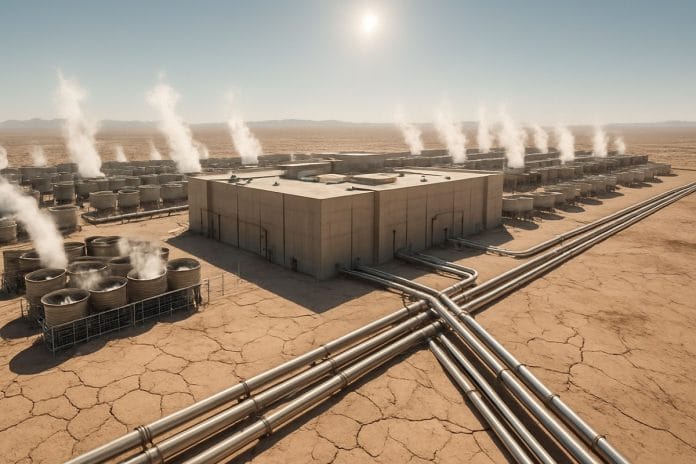 Aerial view of a sprawling desert data center complex with cooling towers and water pipes stretching across arid land under harsh midday sun.