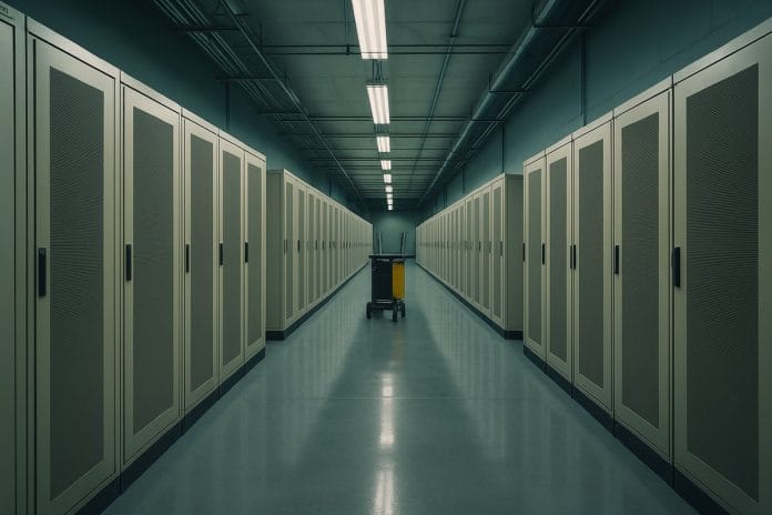 Long fluorescent-lit corridor of beige server racks in an empty corporate data center.
