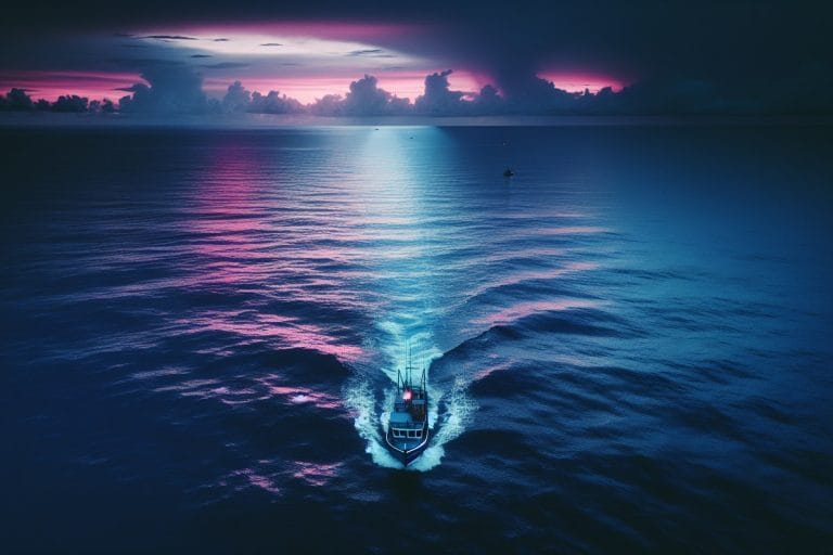 Overhead view of a single small boat alone on the Caribbean at dusk under cold blue light