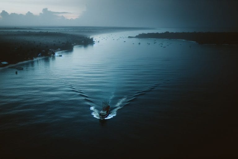 High-altitude aerial view of a single small boat on dark open Caribbean water at dusk, the vessel dwarfed by surrounding sea.