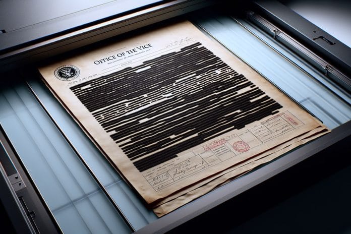 Office of the Vice President — Redacted Memorandum A heavily redacted Office of the Vice President memorandum on a flatbed scanner, most of the body text obscured by black bars.