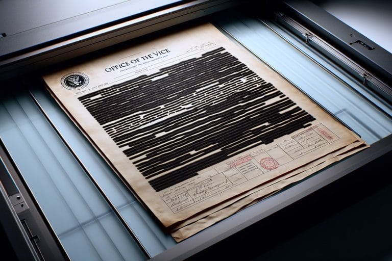 A heavily redacted Office of the Vice President memorandum on a flatbed scanner, most of the body text obscured by black bars.