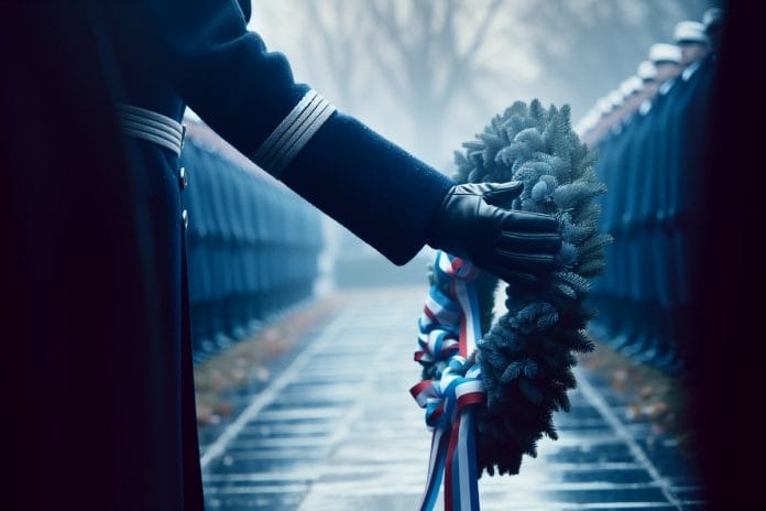 Veterans Day Wreath, 11 a.m. A gloved hand rests on the ribbon of a ceremonial wreath at Arlington under overcast November light.