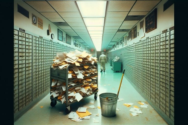 A metal mail cart piled with weeks of unopened federal correspondence in a fluorescent-lit office mailroom.