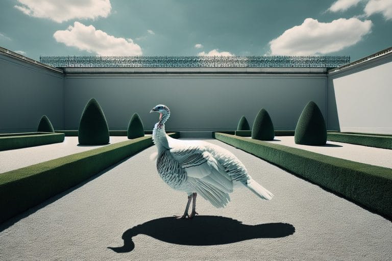 A single white turkey standing alone on a clipped formal lawn under harsh midday sun.