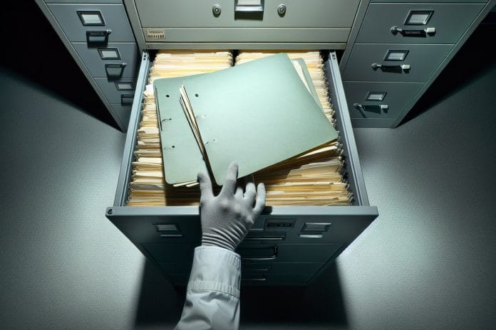 A gloved hand lifts the corner of an unlabeled manila folder atop a stack on a gray government desk under fluorescent light.