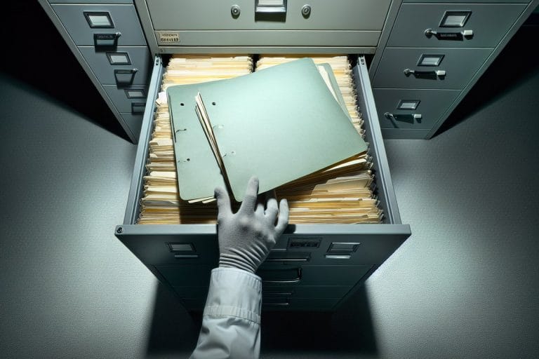 A gloved hand lifts the corner of an unlabeled manila folder atop a stack on a gray government desk under fluorescent light.